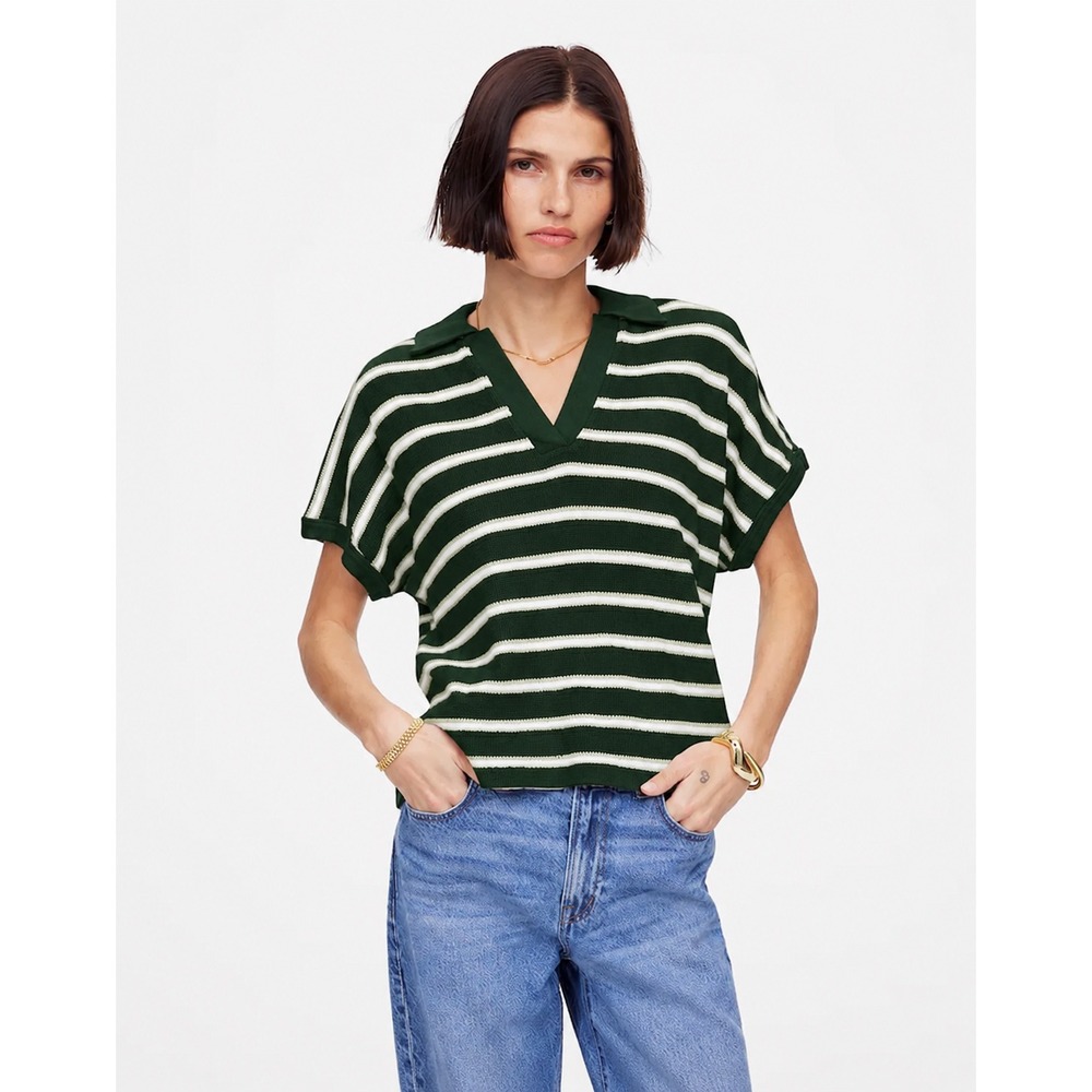 Madewell Relaxed V Neck Polo Shirt Green White Stripe Cotton Knit Top Sz S